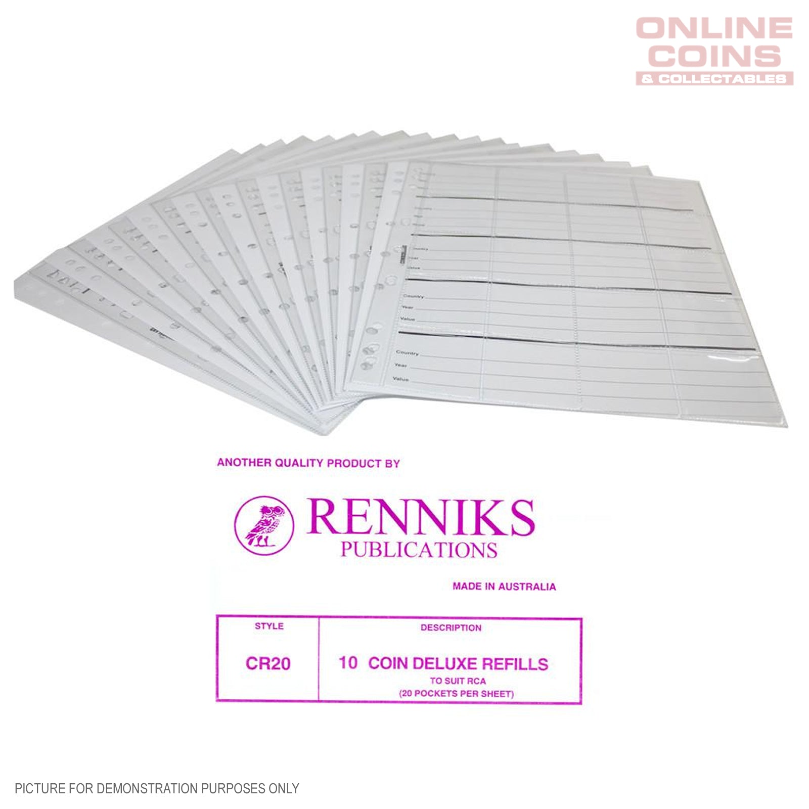 RENNIKS CR20 Coin Album Pages Packet of 10 - Suit Renniks Album and 2x2 Holders